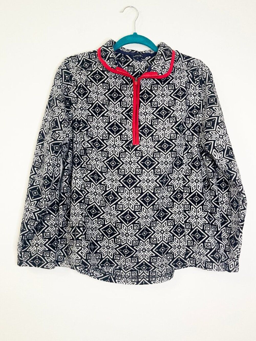 Lands' End Fleece Pullover XL Black White Snowflake Print Quarter Zip Jacket